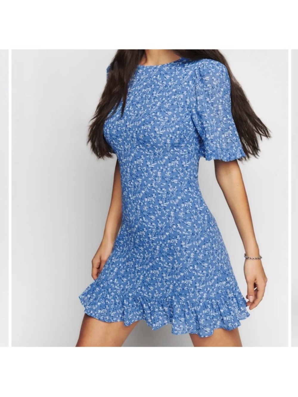 Reformation Blue Alaina Floral Ruffle Hem Mini Dress